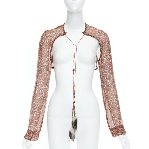 Dries Van Noten brown vintage silk fur charm crop top